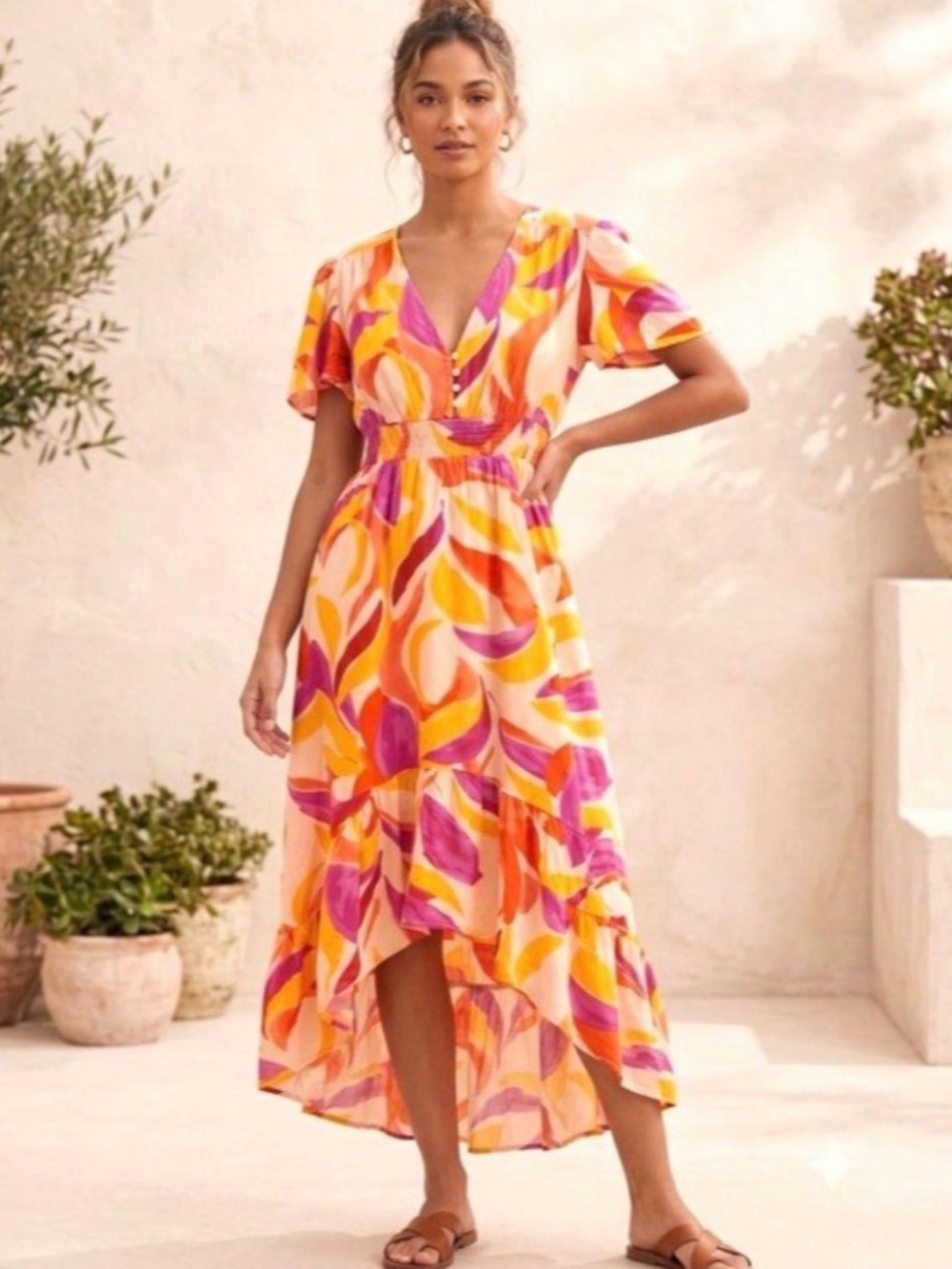 Abel The Label Anthropologie Swish Hi-Lo Midi Dress in Bright Pink & Orange